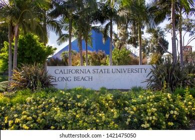 Long Beach, California/United States - 05/23/2019: A Sign At The Entrance To California State University Long Beach, Featuring Landscape And The Walter Pyramid In The Background