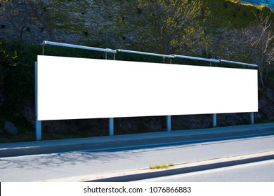 Long Billboard Blank Frame Mockup With Rock Wall