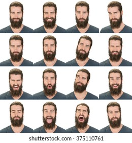 Long And Black Hair Beard Young Caucasian Man Collection Set Of Face Expression Like Happy, Sad, Angry, Surprise, Yawn Isolated On White