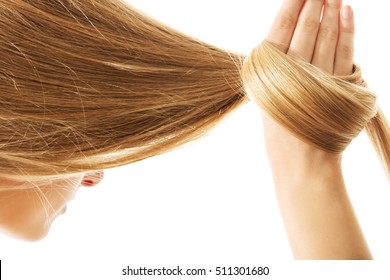 Long Blond Human Hair Close-up.