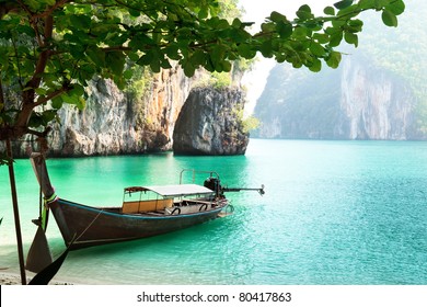 Long Boat On Island In Thailand