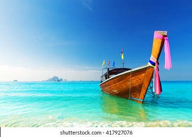 Long Boat And Tropical Beach, Andaman Sea, Thailand 