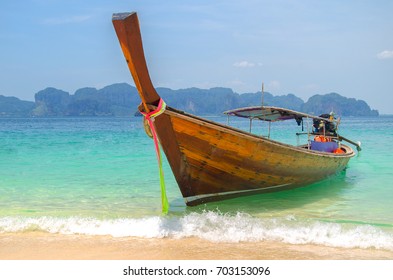 Long Boat And Tropical Beach, Andaman Sea, Thailand