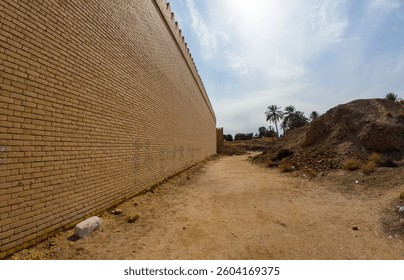 A long brick wall extends into the distance under a bright sky, with palm trees and a dirt path alongside.