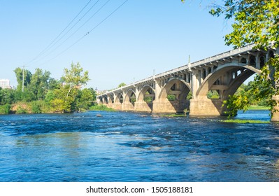 Long Bridge For Cars And Trucks Over Major Riverway In Columbia, South Carolina