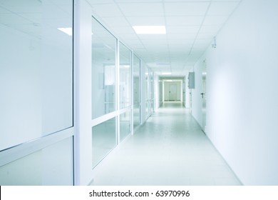 Long Bright Corridor In Scientific Laboratory Building.