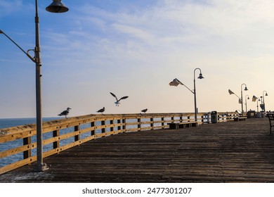 a long brown wooden pier with American flags flying on curved light posts with people walking and fishing on the pier with powerful clouds at sunset at Ventura Pier in Ventura California USA - Powered by Shutterstock