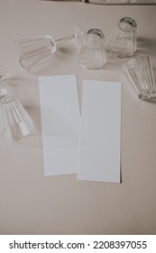 Long Card For Wedding Program Or Menu. Flat Lay For Wedding Stationery And Cards. Can Be Used For Menu Mockup Or Program Mock Up Or A Long Invitation Design Mockup.