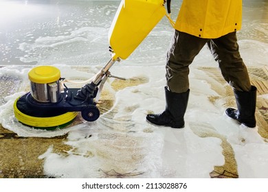 Long carpet chemical cleaning with professionally disk machine. Regular clean up. - Shutterstock ID 2113028876