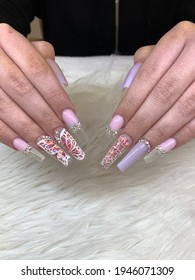 Long Coffins Nails With Butterfly Design And Rhinestone Added