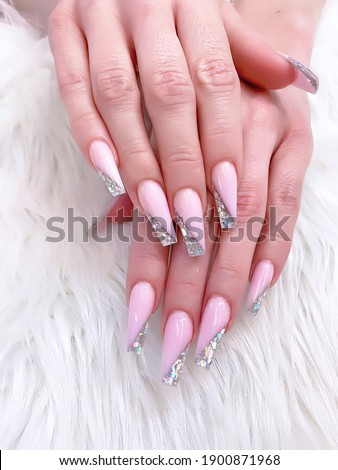 long coffins nails with pink acrylic powder color and sparkle