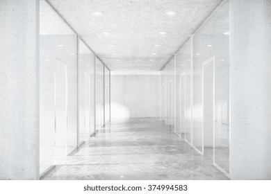 Long corridor with concrete floor and transparent walls in modern space 3D Render