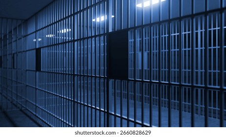 Long corridor inside a prison featuring rows of cells, with bars casting intricate shadows under blue lighting, evoking feelings of confinement and isolation in a cold, dark space
