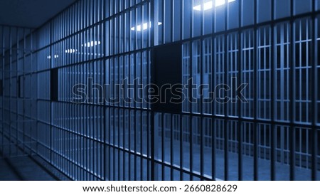 Long corridor inside a prison featuring rows of cells, with bars casting intricate shadows under blue lighting, evoking feelings of confinement and isolation in a cold, dark space