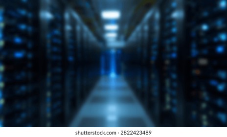 A long corridor in a modern data center filled with rows of server racks and illuminated by blue lights.