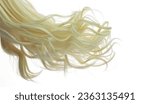 Long Curl Wig hair style fly fall explosion. Blonde wave woman wig hair float in mid air. Golden blonde wig hair wind blow cloud throw. White background isolated part