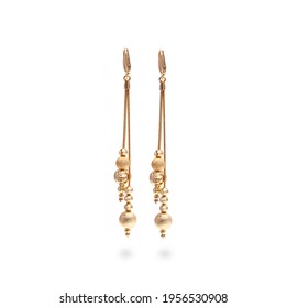 Long Design Gold Earring On White Background 