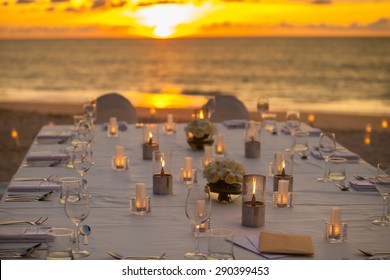 Long Dinner Table On The Beach At Thailand