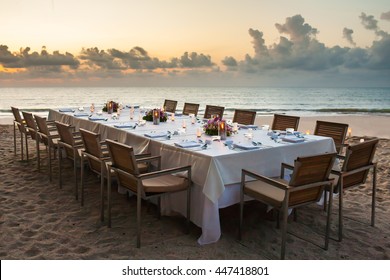 Long Dinner Table On The Beach At Thailand