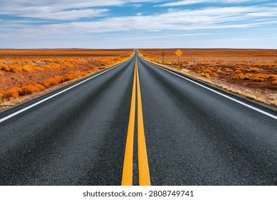 A long, empty asphalt road with double yellow lines cuts through a dry, arid desert landscape. The scene evokes a sense of journey and isolation.