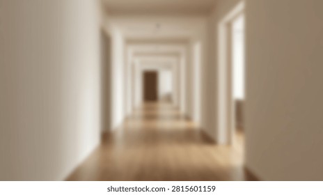 A long, empty interior hallway with multiple doors on either side and natural light illuminating the space, creating a perspective effect.