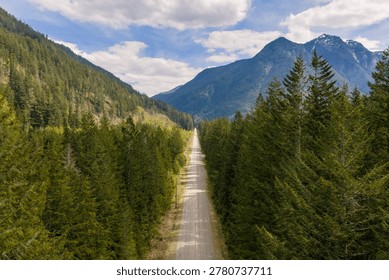 A long empty road cuts through dense evergreen forest toward snowcapped mountains under blue skies in British Columbia, Canada.