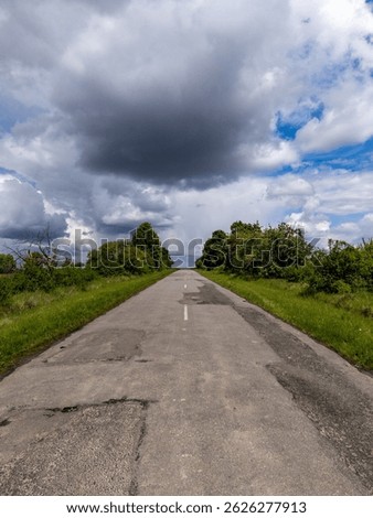 A long empty road in the middle of a grassy field under a cloudy sky.