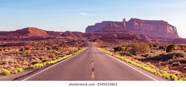 A long, empty road stretches through the red desert towards the stunning rock formations of Monument Valley. The scene captures the vastness and beauty of the Arizona landscape. - Powered by Shutterstock