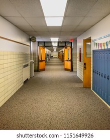 Long Empty School Hallway Ready For Students To Come Back To School