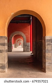 Long Endless Corridor In Forbidden City,Beijing China