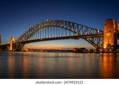 Long exposure of the amazing Sydney Harbour Bridge and Sydney's Downtown from the north bank namely Mattawunga at sunset