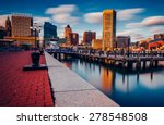 Long exposure of the Baltimore Skyline and Inner Harbor Promenade, Baltimore, Maryland