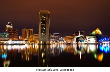 Long exposure of the Baltimore Skyline and Inner Harbor at night.