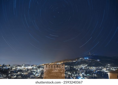 Long exposure capturing circular star trails around polaris, the north star, with the cityscape of granada, spain, visible below from the vantage point of alhambra at night