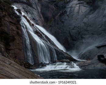 Long exposure of Cascada de Ezaro waterfall Xallas Jallas river flowing down rock in Dumbria La Coruna Galicia Spain Europe
