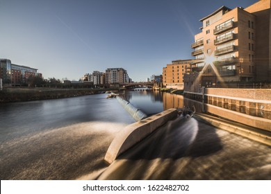 Long exposure of the crown point weir in Leeds city centre built as part of the Leeds flood alleviation scheme. - Shutterstock ID 1622482702