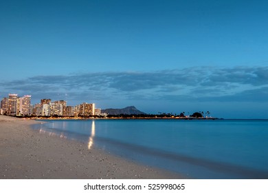 Long exposure of Diamond Head and Waikiki skyline as seen from Ala Moana Beach Park in Honolulu, Hawaii