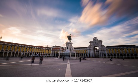 Long Exposure Of Praça Do Comércio Or Commerce In Lisbon , Portugal During Sunset