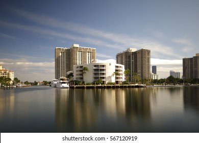 Long Exposure Image Of Luxury Condos And Yachts At Aventura FL, USA