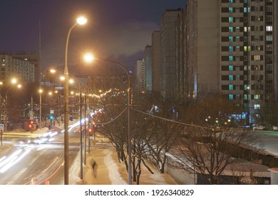 Long exposure image. Modern skyscrapers in the uptown of Moscow. Otradnoe district. Sleeping area. Lifestyle concept.