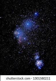
A long exposure image of stars around Orion's belt in the winter sky.