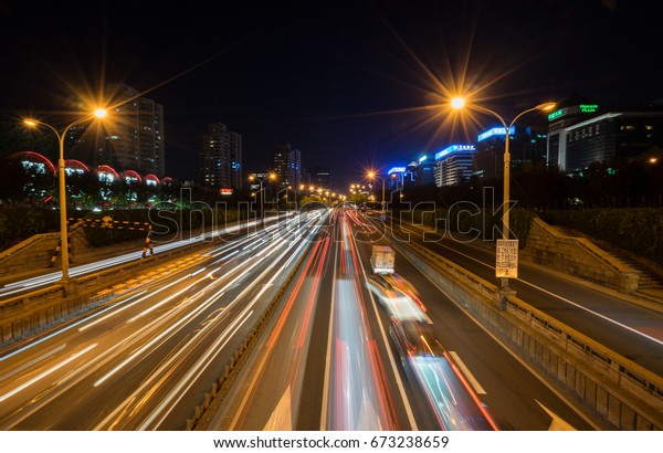 Long exposure leave one\
car lighting shooting on bridge nearly tiananmen Square and Gate of\
Heavenly Peace