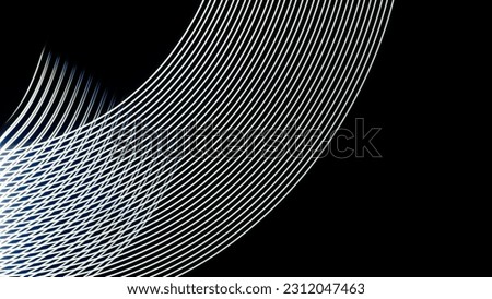 Long exposure light painting photography, curvy lines of vibrant neon metallic white against a black background

