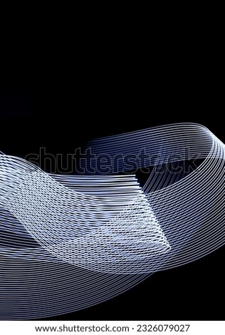 Long exposure light painting photography, abstract background, curvy lines of vibrant neon metallic against a black background