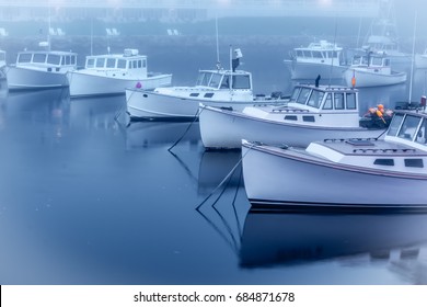 Long Exposure Maine Lobster Boats Anchored at Night in the Fog at Ogunquit Harbor