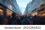 long exposure motion blur shot of bustling street scene captures energy of crowd moving through busy shopping area, with blurred figures and storefronts creating dynamic atmosphere.