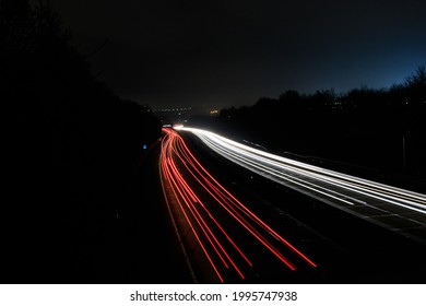 Long Exposure Motorway In The UK, Slow Shutter Light Trails, Motorway At Night