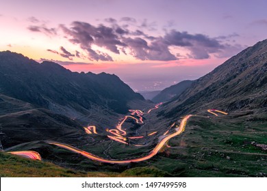 Long exposure with National Road 7C (DN7C), nicknamed Transfagarasan from the Fagaras mountains. The lights of the nostrils draw the path of the road. Photo taken on August 30th, 2019.