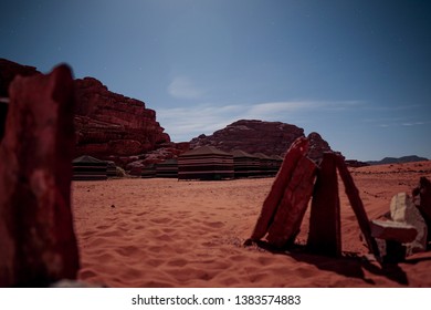 Long Exposure Night Photography Of Bedouin Tent Camp In Wadi Rum Desert In Jordan