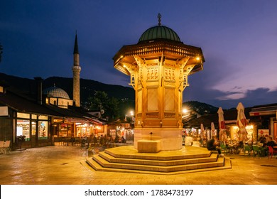Long exposure photo of Bascarsija square with Sebilj wooden fountain in Old Town Sarajevo at twilight, Bosnia and Herzegovina